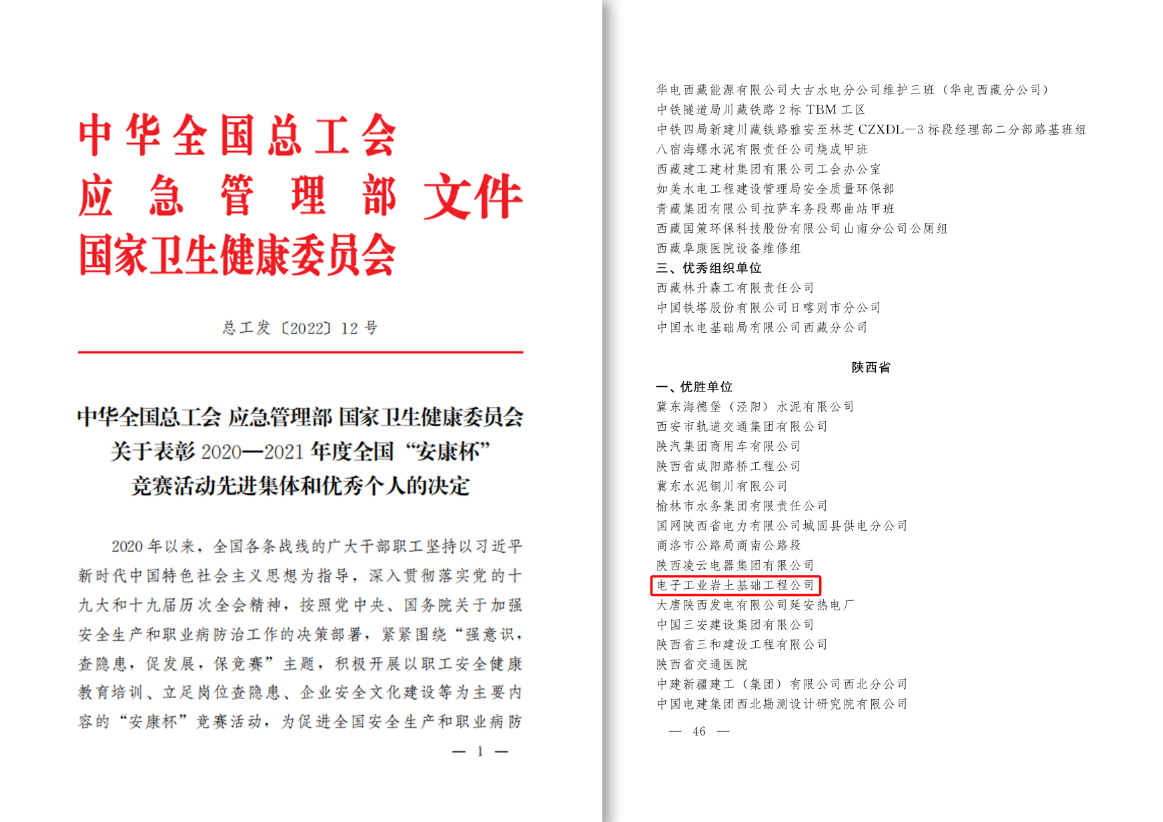 電勘院下屬電子工業(yè)巖土基礎(chǔ)工程公司榮獲2020—2021年度全國“安康杯”競賽 優(yōu)勝單位